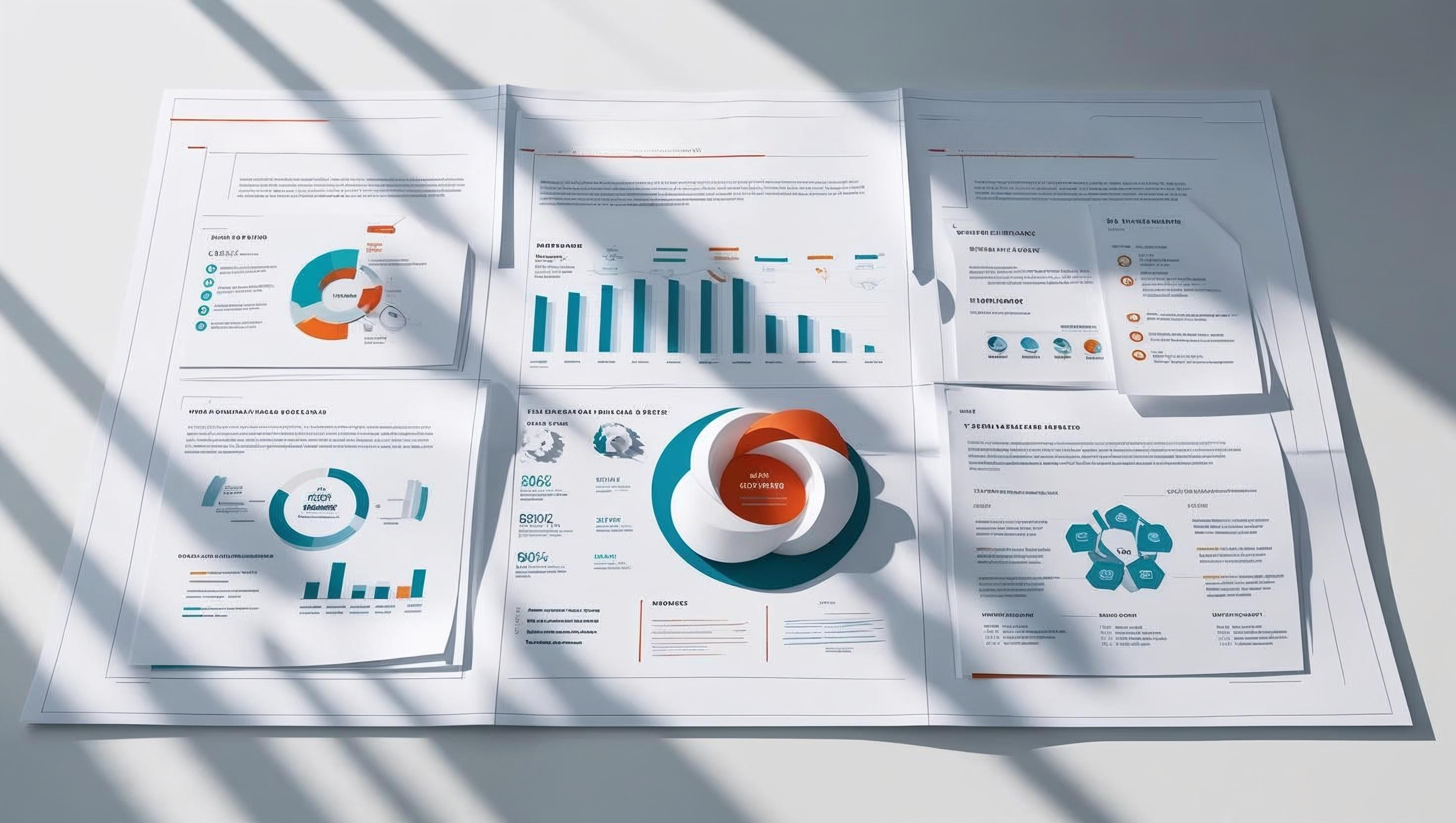 Comprehensive business plan dashboard showing financial charts, market analysis, and strategic planning sections